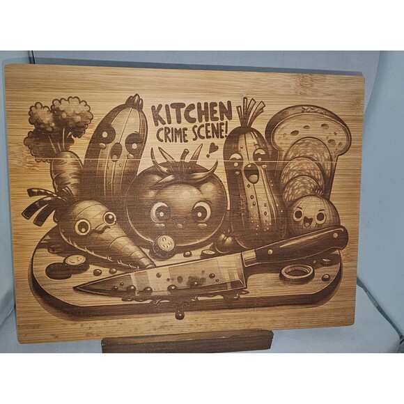 Funny cute pun vegetable Crime Scene  engraved Bamboo Wooden Cutting Board - Picture 1 of 3